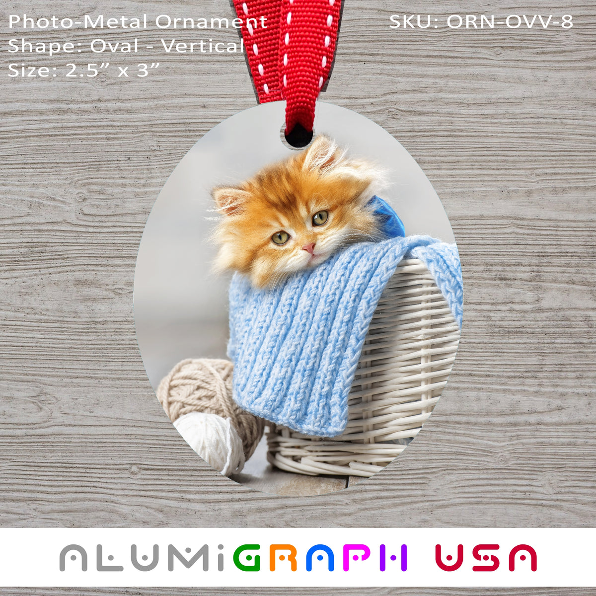 3" Oval - Vertical Photo-Metal Ornament